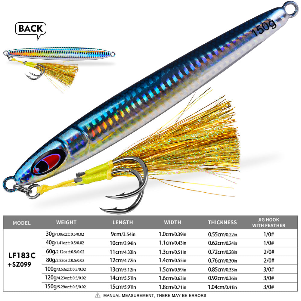 KATYUSHA Metal Jig Lure, 30g-150g, Realistic Fish Scale Design Saltwater Fast Sinking Vertical Jigging Bait（with Feather Assist Hook）