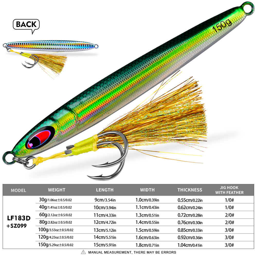 KATYUSHA Metal Jig Lure, 30g-150g, Realistic Fish Scale Design Saltwater Fast Sinking Vertical Jigging Bait（with Feather Assist Hook）