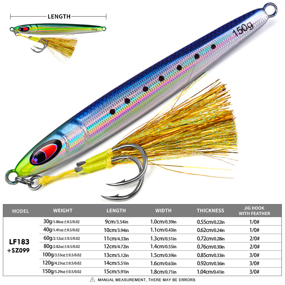 KATYUSHA Metal Jig Lure, 30g-150g, Realistic Fish Scale Design Saltwater Fast Sinking Vertical Jigging Bait（with Feather Assist Hook）
