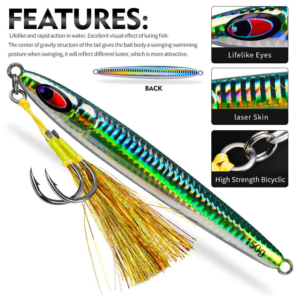 KATYUSHA Metal Jig Lure, 30g-150g, Realistic Fish Scale Design Saltwater Fast Sinking Vertical Jigging Bait（with Feather Assist Hook）