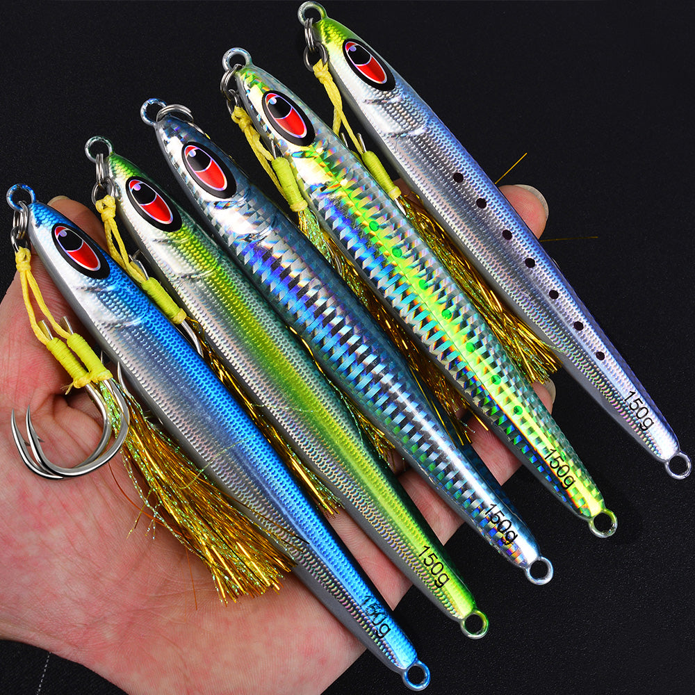 KATYUSHA Metal Jig Lure, 30g-150g, Realistic Fish Scale Design Saltwater Fast Sinking Vertical Jigging Bait（with Feather Assist Hook）