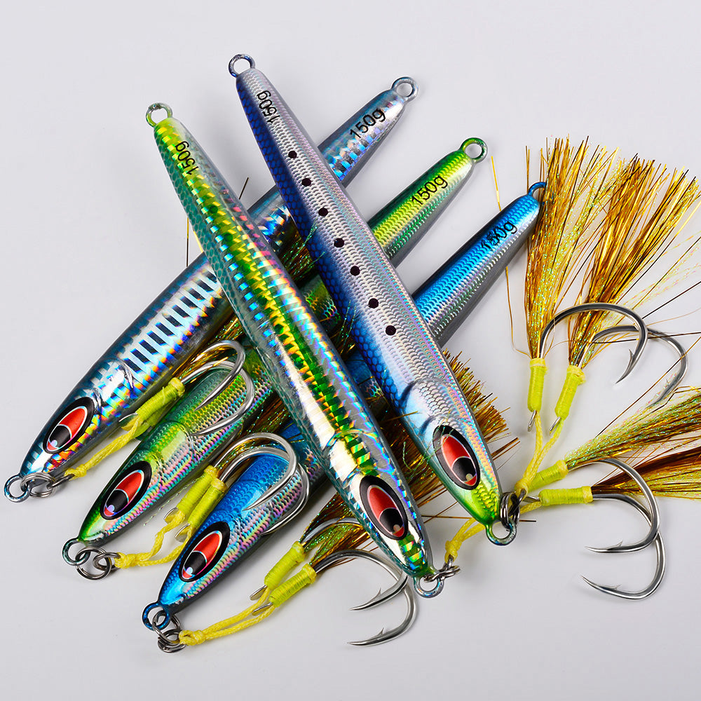 KATYUSHA Metal Jig Lure, 30g-150g, Realistic Fish Scale Design Saltwater Fast Sinking Vertical Jigging Bait（with Feather Assist Hook）