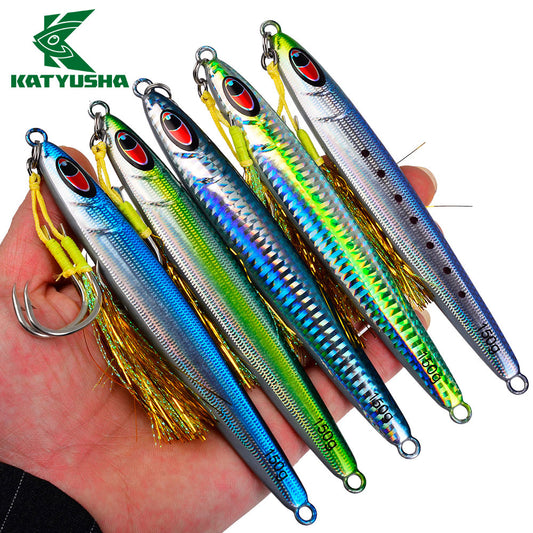 KATUYSHA Metal Jig Lure, 30g-150g, Realistic Fish Scale Design Saltwater Fast Sinking Vertical Jigging Bait（with Feather Assist Hook）