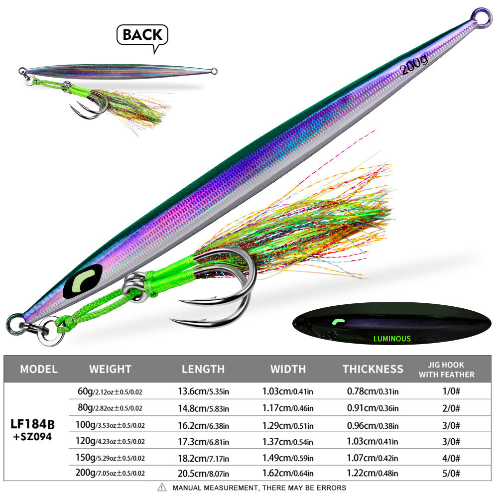 KATYUSHA Metal Jig Lure, 60g-200g, Long Slim Holographic Design Saltwater Deep-Sea Fast Sinking Vertical Jigging Bait£¨with Feather Assist Hook£©