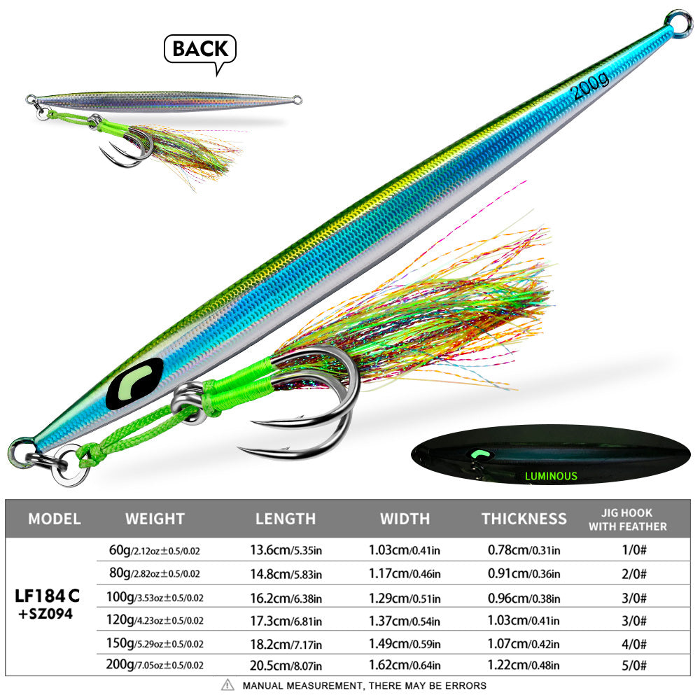 KATYUSHA Metal Jig Lure, 60g-200g, Long Slim Holographic Design Saltwater Deep-Sea Fast Sinking Vertical Jigging Bait£¨with Feather Assist Hook£©
