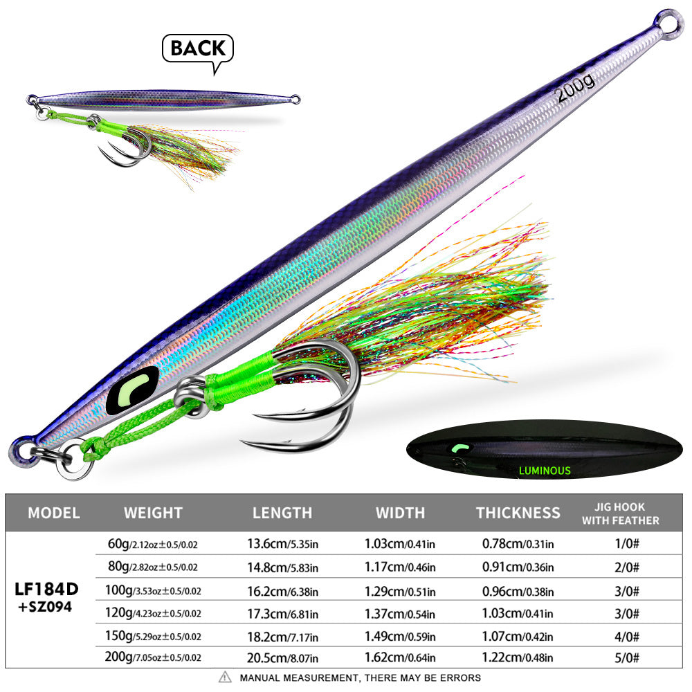 KATYUSHA Metal Jig Lure, 60g-200g, Long Slim Holographic Design Saltwater Deep-Sea Fast Sinking Vertical Jigging Bait£¨with Feather Assist Hook£©