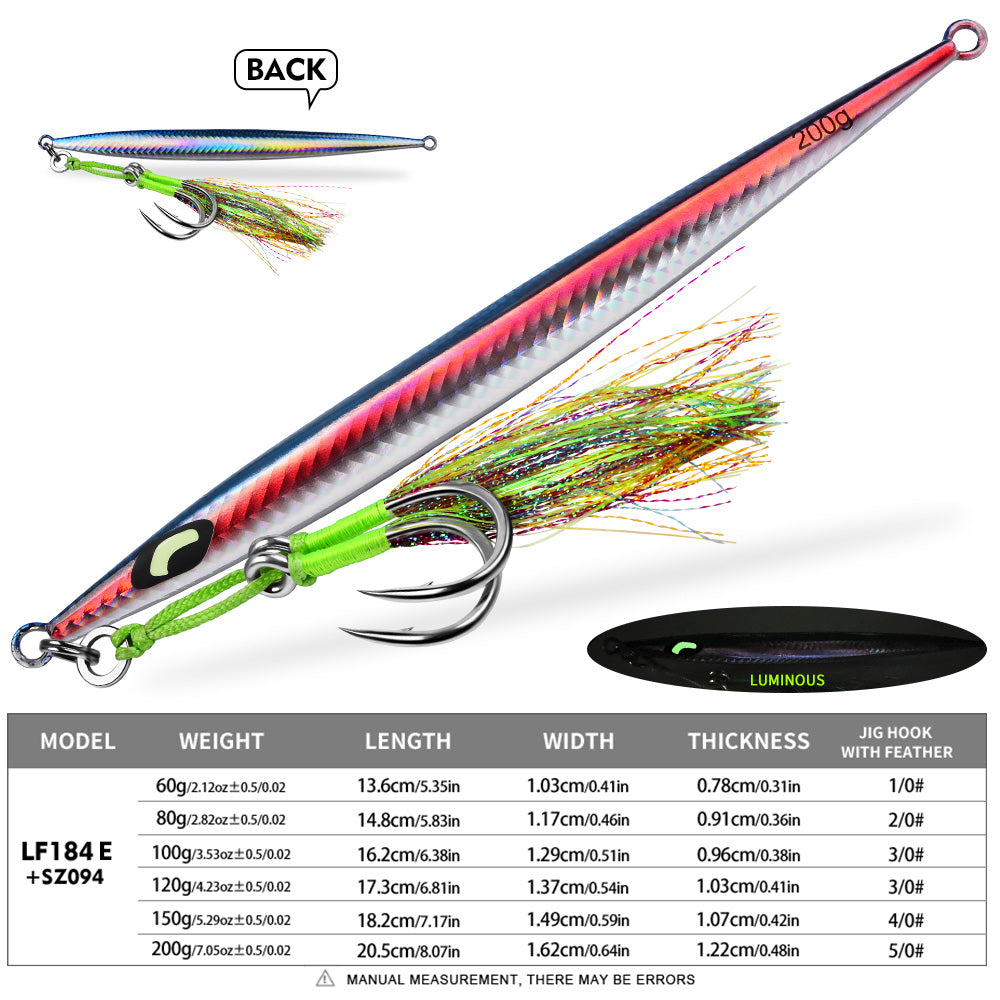 KATYUSHA Metal Jig Lure, 60g-200g, Long Slim Holographic Design Saltwater Deep-Sea Fast Sinking Vertical Jigging Bait£¨with Feather Assist Hook£©
