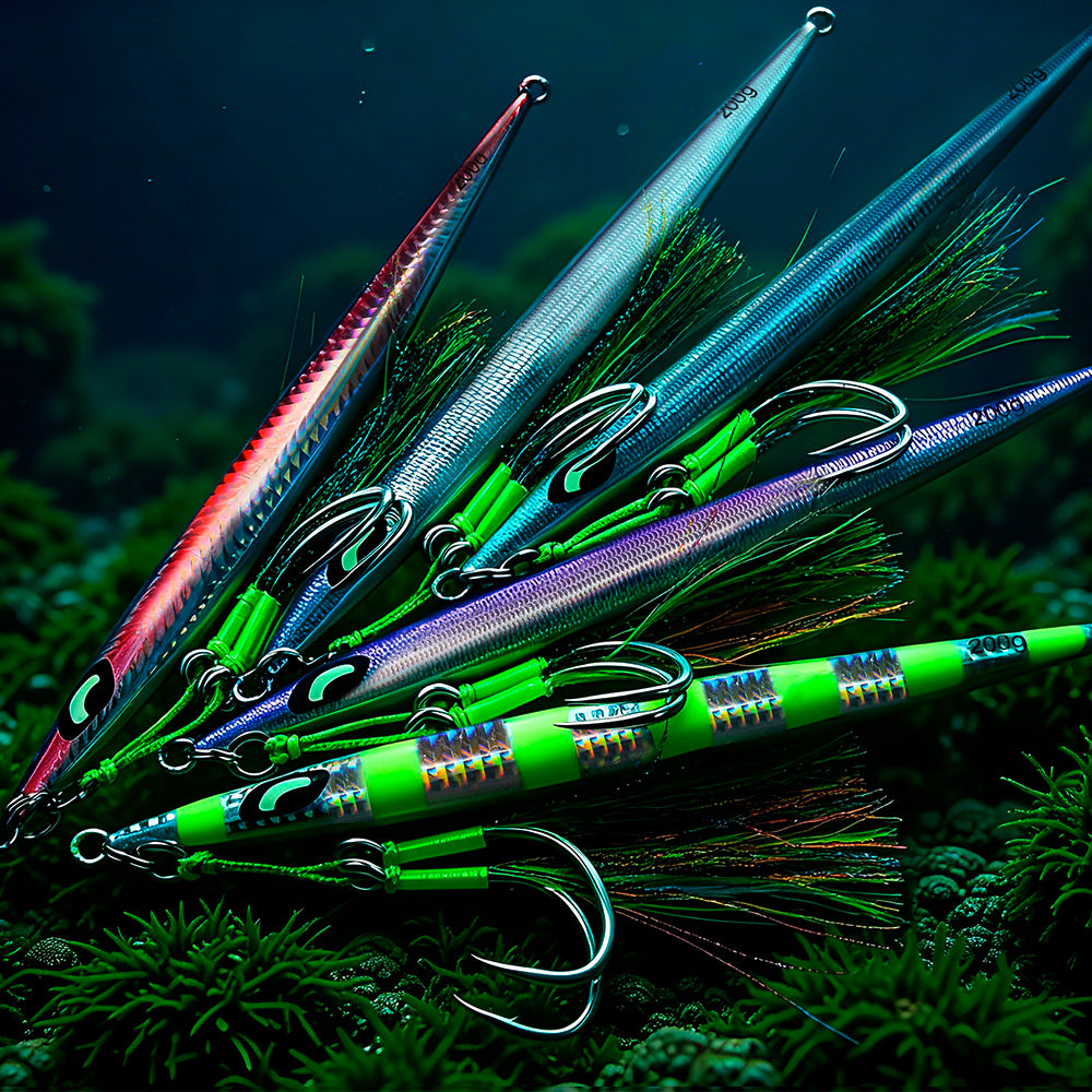 KATYUSHA Metal Jig Lure, 60g-200g, Long Slim Holographic Design Saltwater Deep-Sea Fast Sinking Vertical Jigging Bait£¨with Feather Assist Hook£©