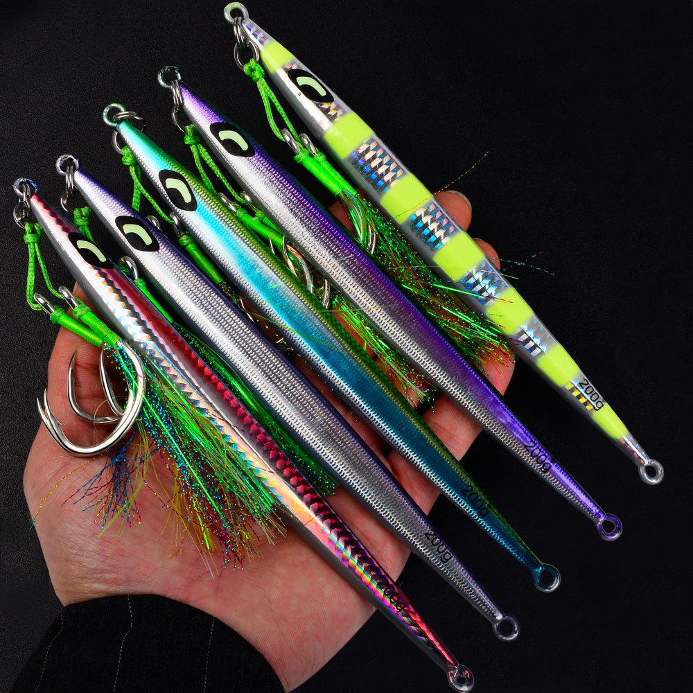 KATYUSHA Metal Jig Lure, 60g-200g, Long Slim Holographic Design Saltwater Deep-Sea Fast Sinking Vertical Jigging Bait£¨with Feather Assist Hook£©