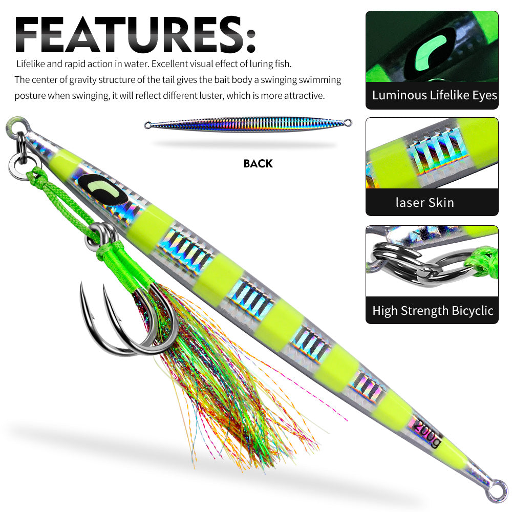 KATYUSHA Metal Jig Lure, 60g-200g, Long Slim Holographic Design Saltwater Deep-Sea Fast Sinking Vertical Jigging Bait£¨with Feather Assist Hook£©