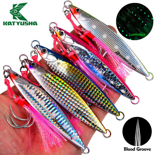 KATUYSHA Metal Jig Lure, 40g-100g, with Feather Assist Hook Saltwater Fast Sinking Vertical Jigging Bait
