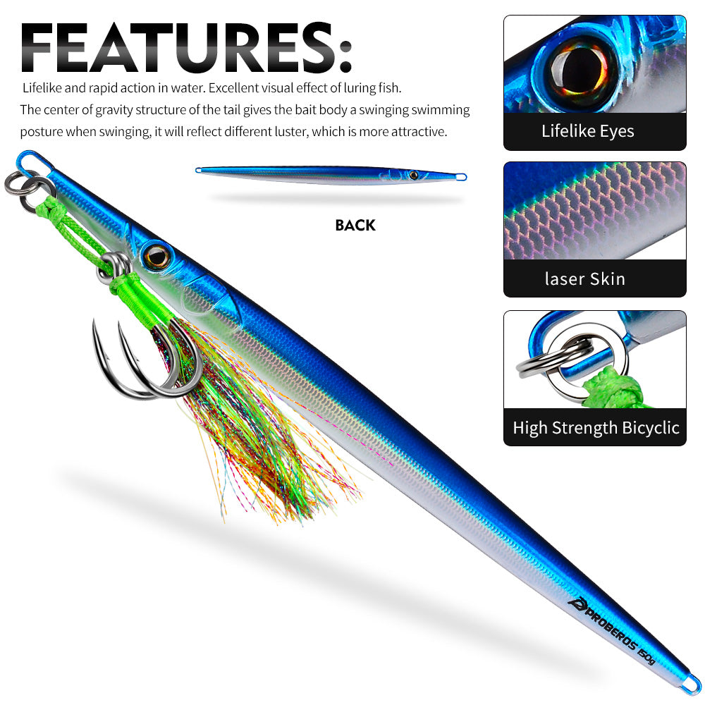 KATYUSHA Ultra-Slim Metal Jig Lure, 80g-150g,with Feather Assist Hook, Holographic Design Saltwater Fast Sinking Deep-Sea Vertical Jigging Bait