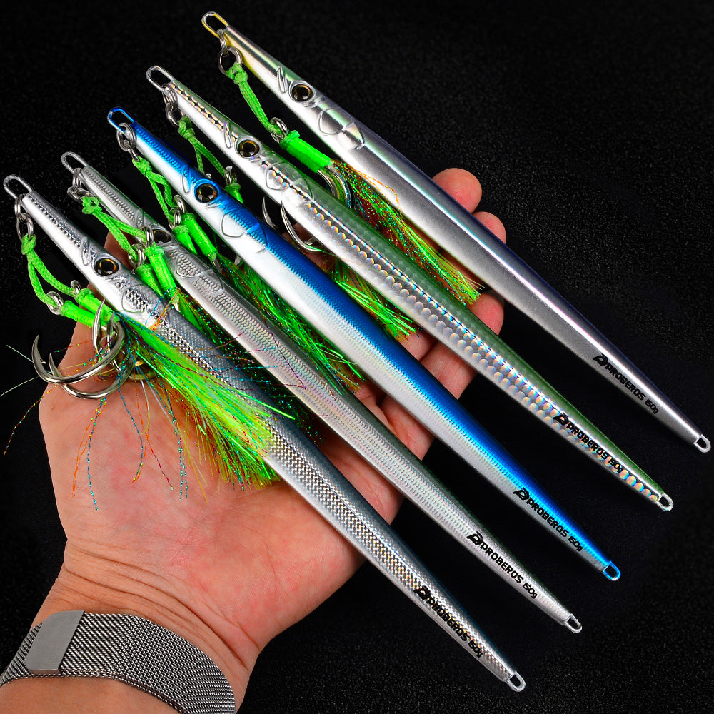 KATYUSHA Ultra-Slim Metal Jig Lure, 80g-150g,with Feather Assist Hook, Holographic Design Saltwater Fast Sinking Deep-Sea Vertical Jigging Bait