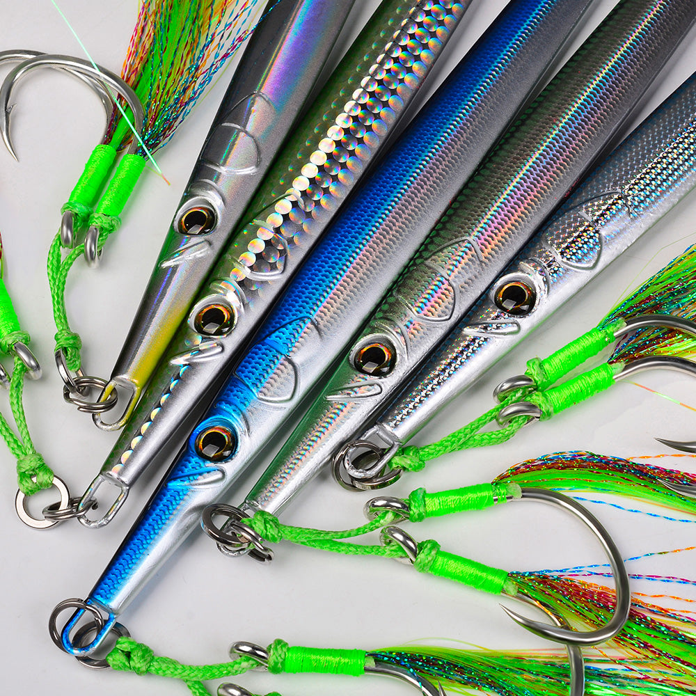 KATYUSHA Ultra-Slim Metal Jig Lure, 80g-150g,with Feather Assist Hook, Holographic Design Saltwater Fast Sinking Deep-Sea Vertical Jigging Bait