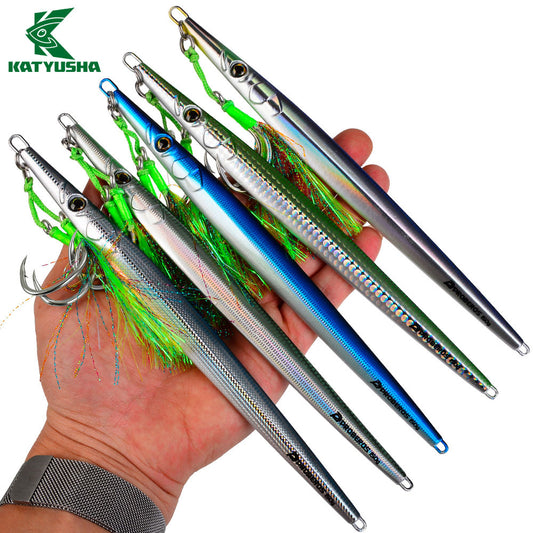 KATUYSHA Ultra-Slim Metal Jig Lure, 80g-150g,with Feather Assist Hook, Holographic Design Saltwater Fast Sinking Deep-Sea Vertical Jigging Bait