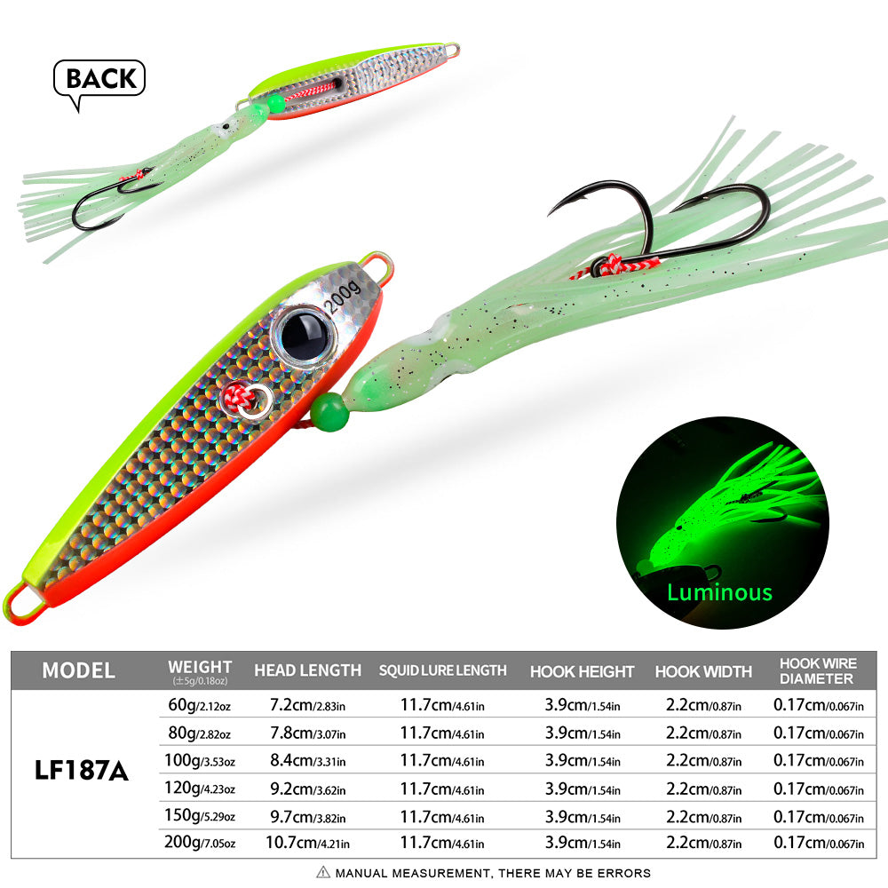 KATYUSHA Metal Jig Lure, 60g-200g, with Luminous Squid Assist &nbsp;Saltwater Deep-Sea Jigging Bait with Squid Skirt