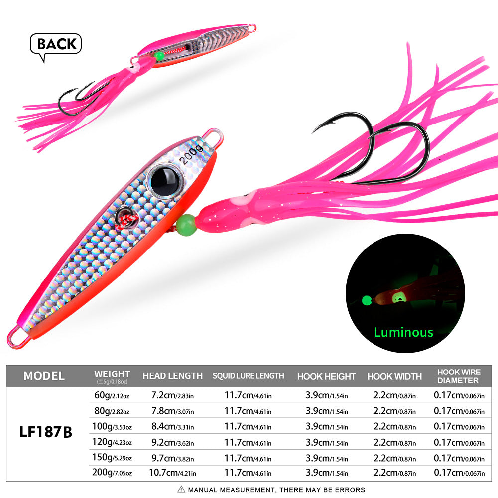 KATYUSHA Metal Jig Lure, 60g-200g, with Luminous Squid Assist &nbsp;Saltwater Deep-Sea Jigging Bait with Squid Skirt
