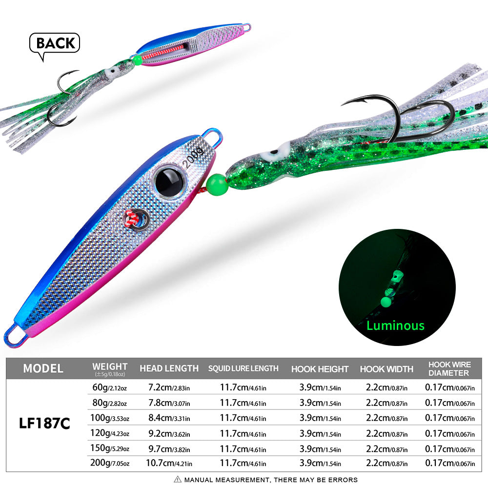 KATYUSHA Metal Jig Lure, 60g-200g, with Luminous Squid Assist &nbsp;Saltwater Deep-Sea Jigging Bait with Squid Skirt