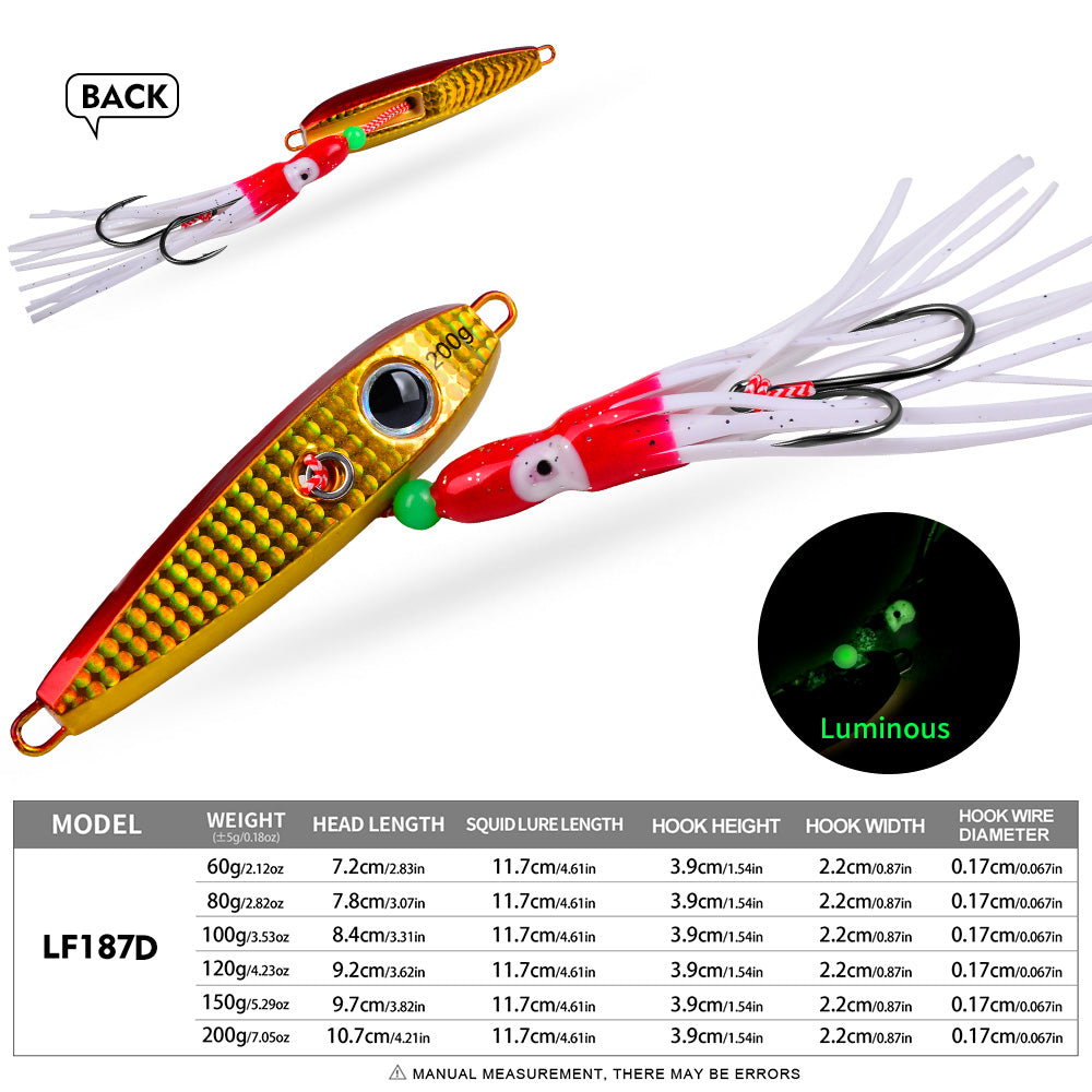 KATYUSHA Metal Jig Lure, 60g-200g, with Luminous Squid Assist &nbsp;Saltwater Deep-Sea Jigging Bait with Squid Skirt