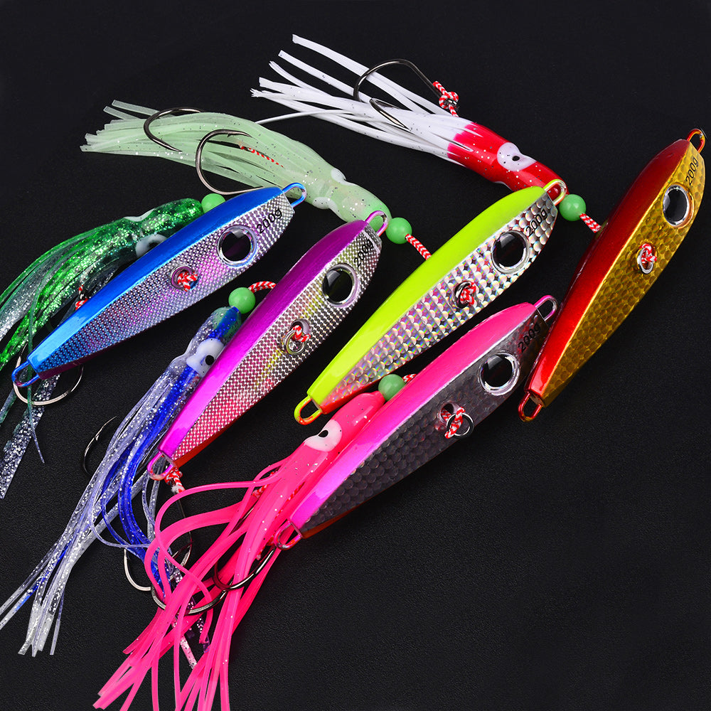 KATYUSHA Metal Jig Lure, 60g-200g, with Luminous Squid Assist &nbsp;Saltwater Deep-Sea Jigging Bait with Squid Skirt