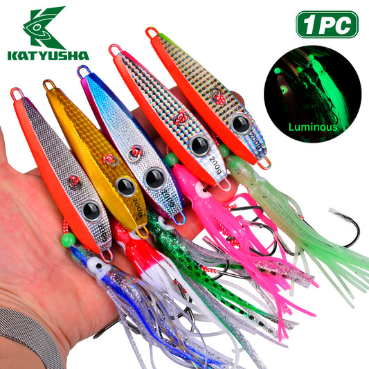KATUYSHA Metal Jig Lure, 60g-200g, with Luminous Squid Assist &nbsp;Saltwater Deep-Sea Jigging Bait with Squid Skirt