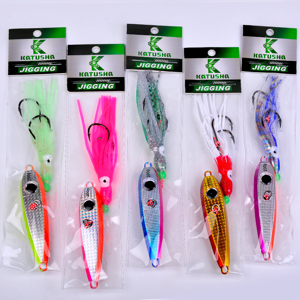 KATYUSHA Metal Jig Lure, 60g-200g, with Luminous Squid Assist &nbsp;Saltwater Deep-Sea Jigging Bait with Squid Skirt
