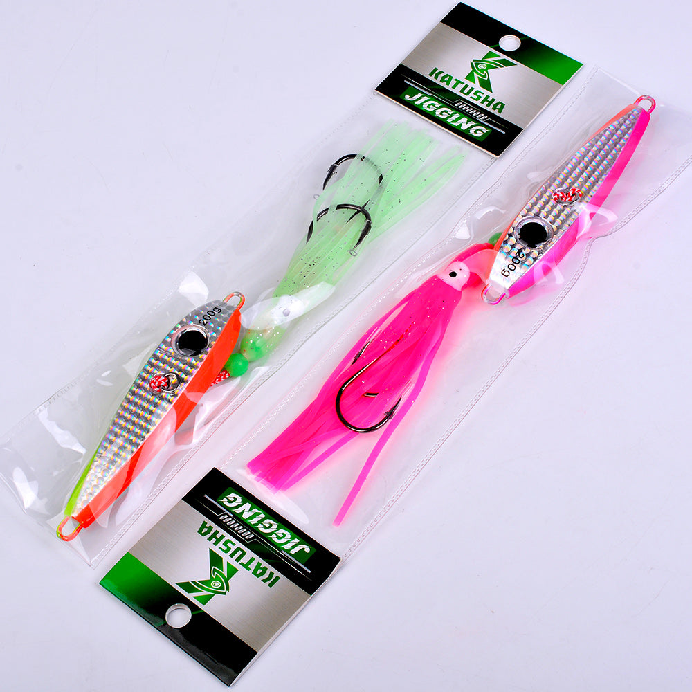 KATYUSHA Metal Jig Lure, 60g-200g, with Luminous Squid Assist &nbsp;Saltwater Deep-Sea Jigging Bait with Squid Skirt