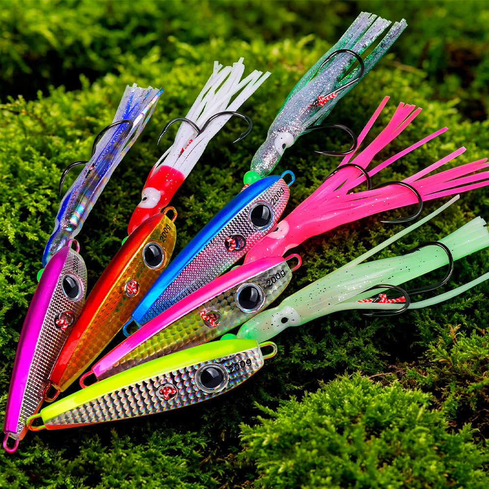 KATYUSHA Metal Jig Lure, 60g-200g, with Luminous Squid Assist &nbsp;Saltwater Deep-Sea Jigging Bait with Squid Skirt