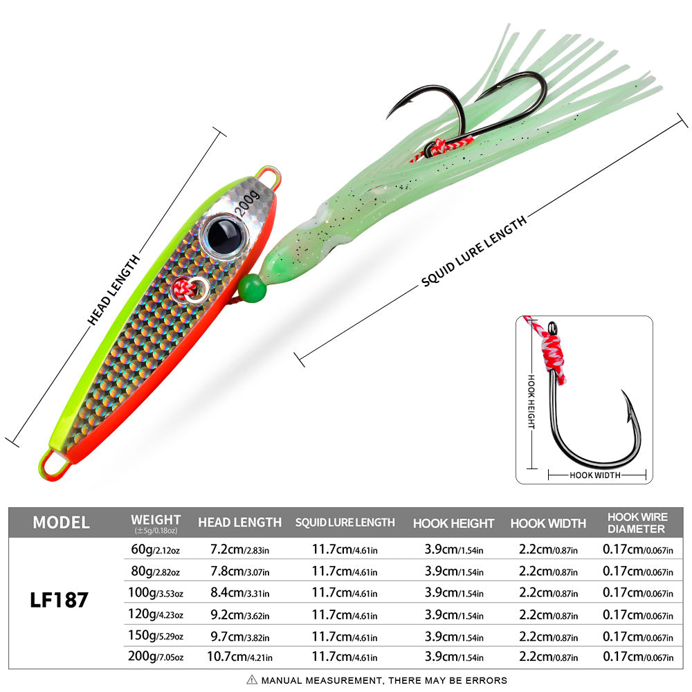 KATYUSHA Metal Jig Lure, 60g-200g, with Luminous Squid Assist &nbsp;Saltwater Deep-Sea Jigging Bait with Squid Skirt
