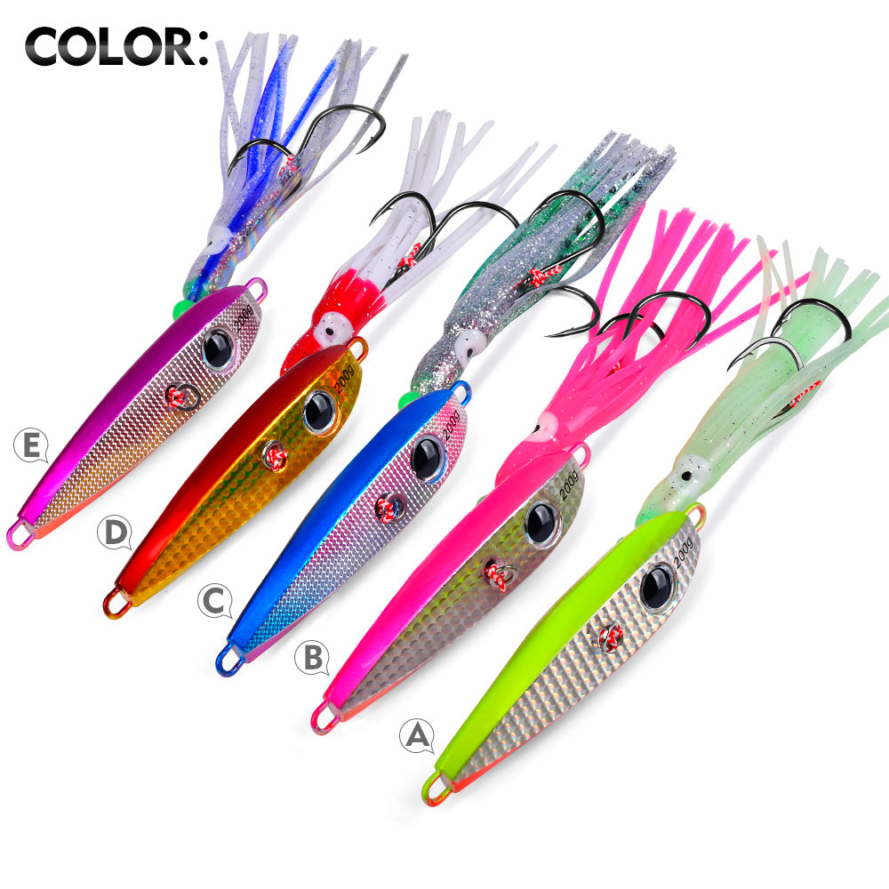 KATYUSHA Metal Jig Lure, 60g-200g, with Luminous Squid Assist &nbsp;Saltwater Deep-Sea Jigging Bait with Squid Skirt