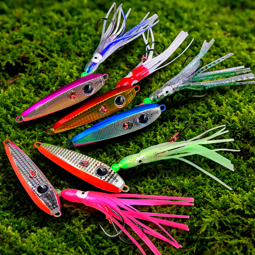 KATYUSHA Metal Jig Lure, 60g-200g, with Luminous Squid Assist &nbsp;Saltwater Deep-Sea Jigging Bait with Squid Skirt