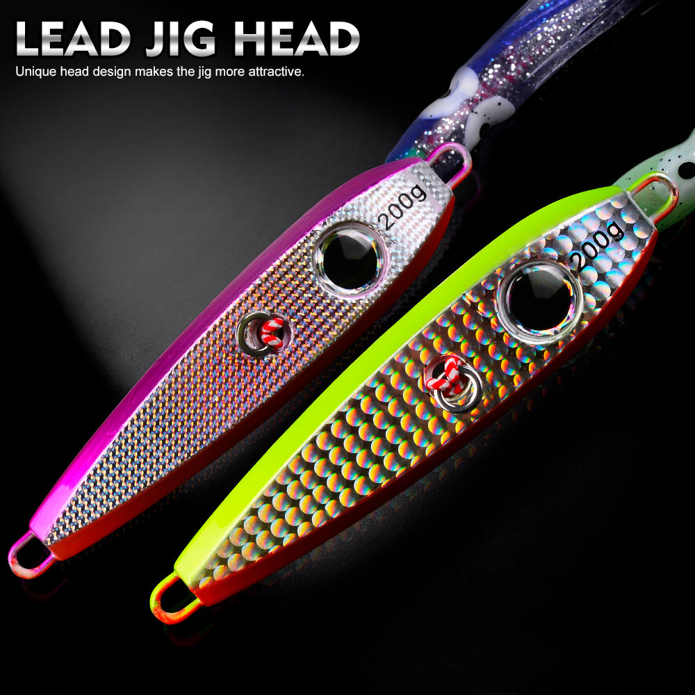 KATYUSHA Metal Jig Lure, 60g-200g, with Luminous Squid Assist &nbsp;Saltwater Deep-Sea Jigging Bait with Squid Skirt