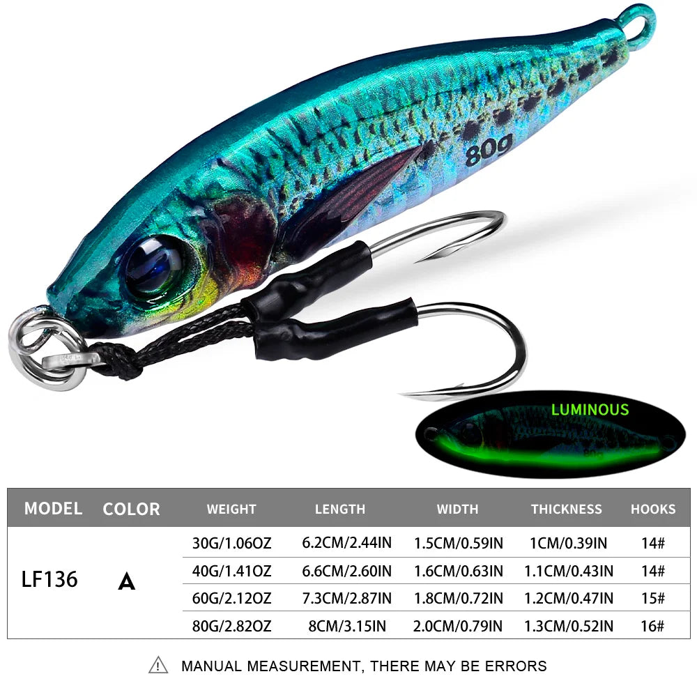 PROBEROS 1PC Luminous Jigging Lure 30-40-60-80g Metal Jigs Fishing Bait Sea Fishing Jig Spoon Trolling Wobbler Hard Isca Pesca