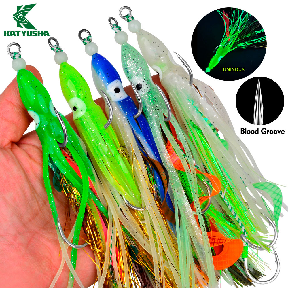 KATYUSHA Squid Skirt Lure, 10.5-18g / 17cm, 1/0#-4/0# Blood Groove Hook, Luminous Tail, for Tuna/Marlin