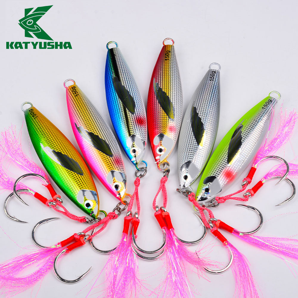 KATUYSHA Saltwater Vertical Jigging Bait, Lifelike Wing Design Metal Jig Lure, 30g-150g, 6 Colors（ with Assist Hook）