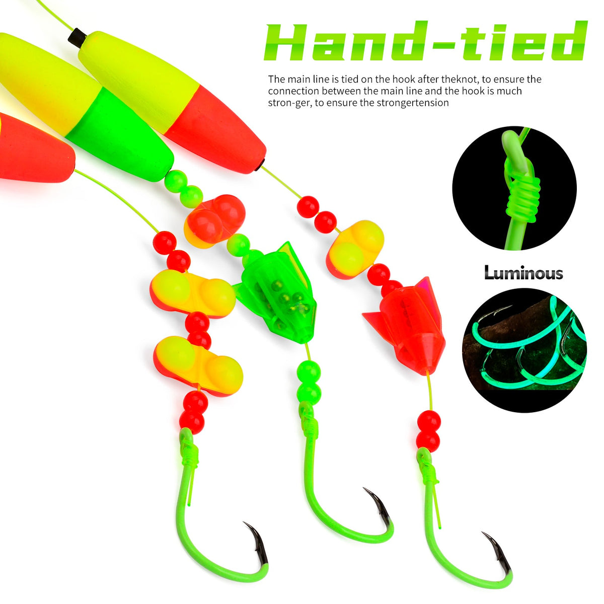 Proberos PJ007 hand-tied catfish float rig with luminous glowing beads detail