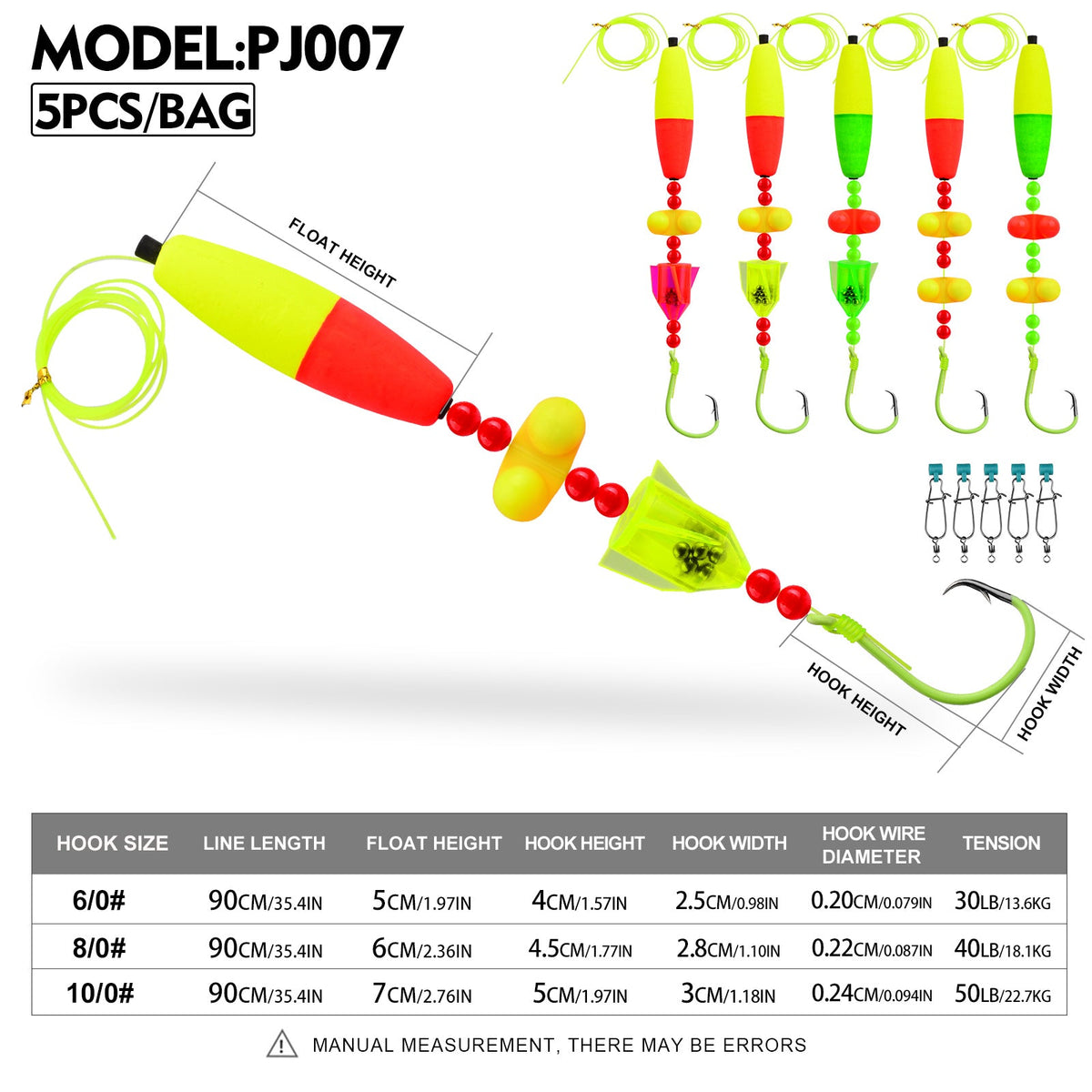 Size, tension and hook comparison chart for PROBEROS PJ007 catfish float rigs 6/0# to 10/0#